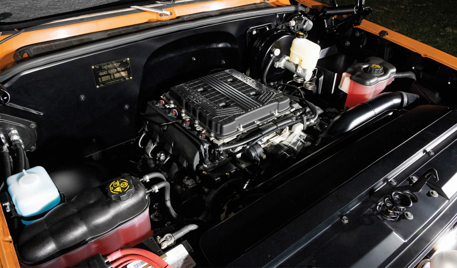 engine inside of a burnt orange ’73 K-Series