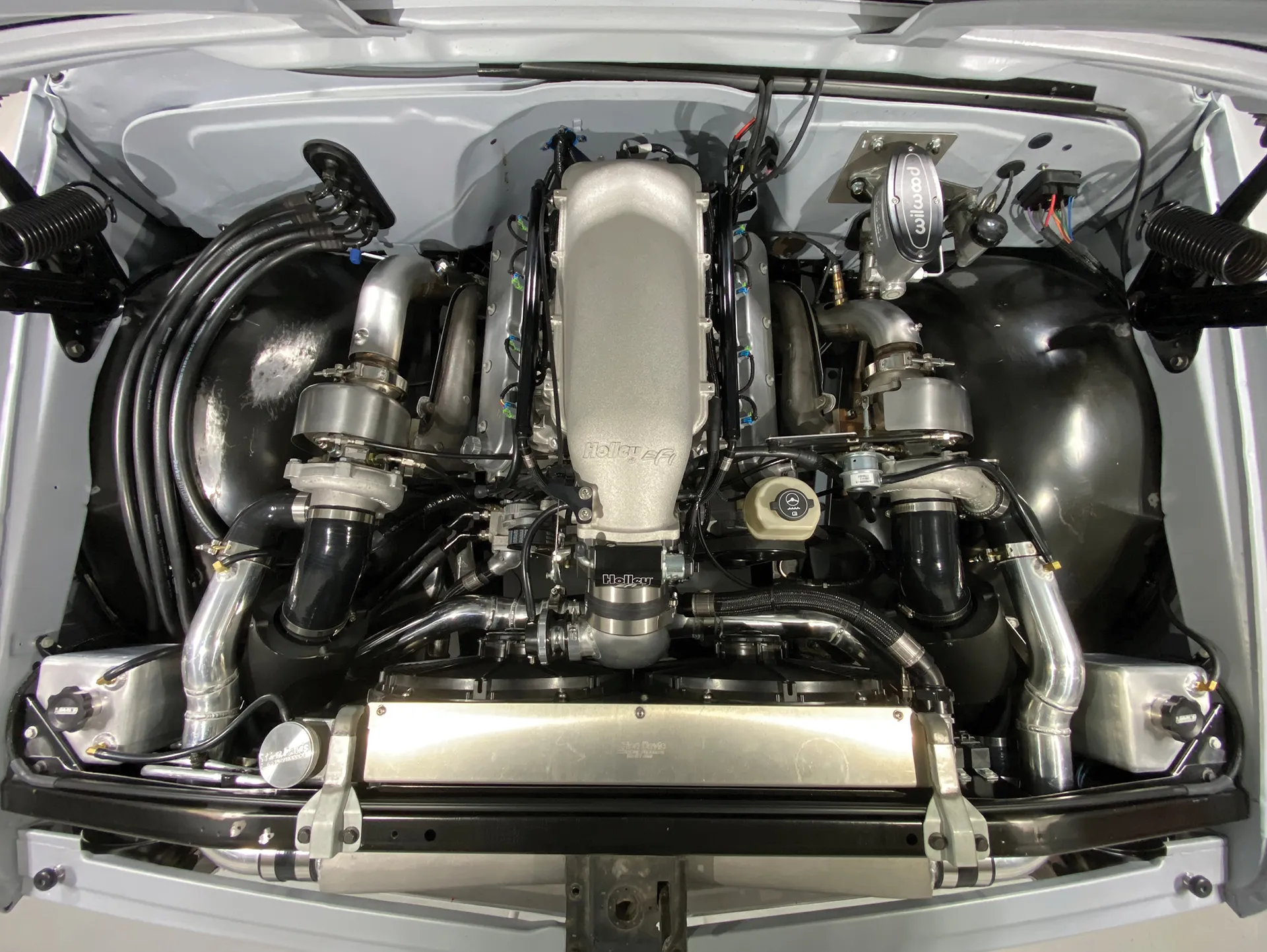Top down view of twin-turbo LS in '68 Chevy truck