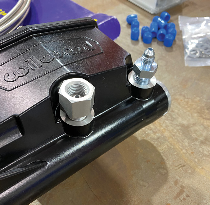 Wilwood’s master cylinder (PN 260-14957-BK) comes with a variety of fittings to mate hard lines to the front and rear master cylinder ports. Special fittings are necessary to convert them from 45-degree inverted flare to AN however, shown here.