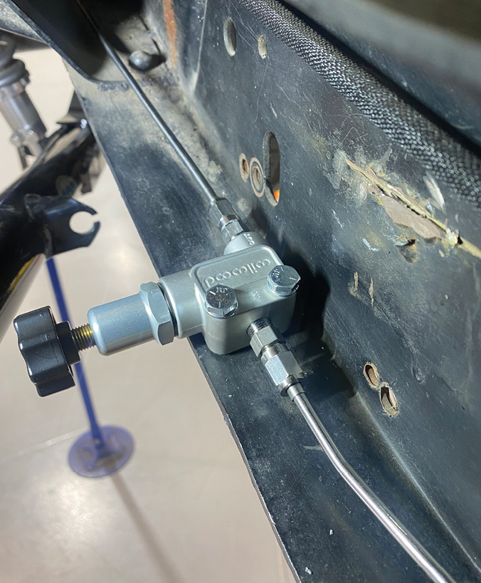 A Wilwood adjustable proportioning valve (PN 260-10922) is installed midway on the rear brake line to ensure proper brake bias between the front and rear brakes, an important addition for proper brake control on a pickup truck due to their front-to-rear weight bias. The line exiting the prop valve has yet to be bent to suit and is only installed for mockup at the moment.
