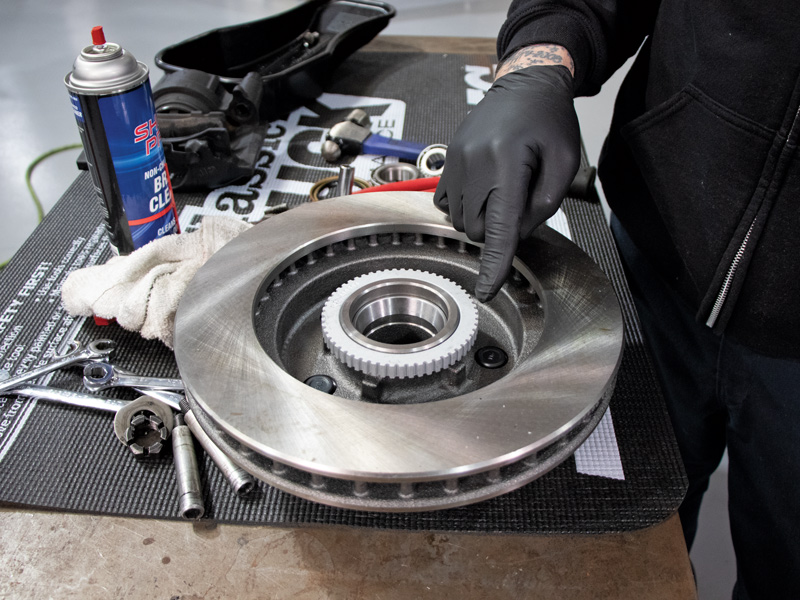 The new rotors already have fresh bearing races installed as well as a replacement ABS ring to retain the function of the factory antilock brake system.