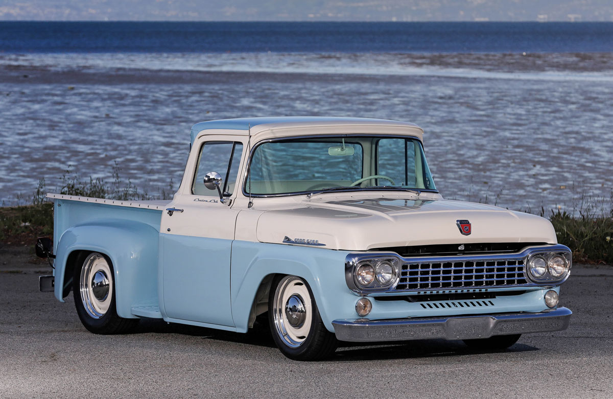 light blue and white '58 Ford F-100