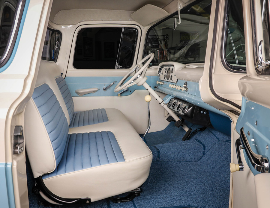 light blue and white interior in a '58 Ford F-100
