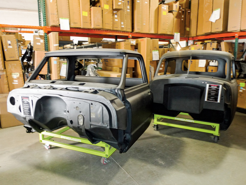 As their specialty, Premier Street Rod manufactures GM-licensed ’47-53, ’55-59, and ’67-72 Chevy truck cabs, as well as ’69-72 Blazer bodies. Here in the parts department we see a pair of finished cabs available (a ’67-72 and a ’47-53) as our shop tour is about to begin. 