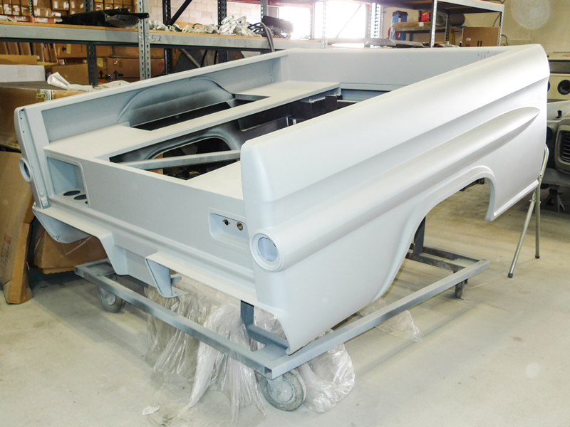 Over here in finish primer-surfacer, a ’58-59 short fleetside bed is heavily modified. It’s tubbed to accommodate Pro Street meat and it’s slated to bring up the rear of a rather radical ’57 Chevy build.