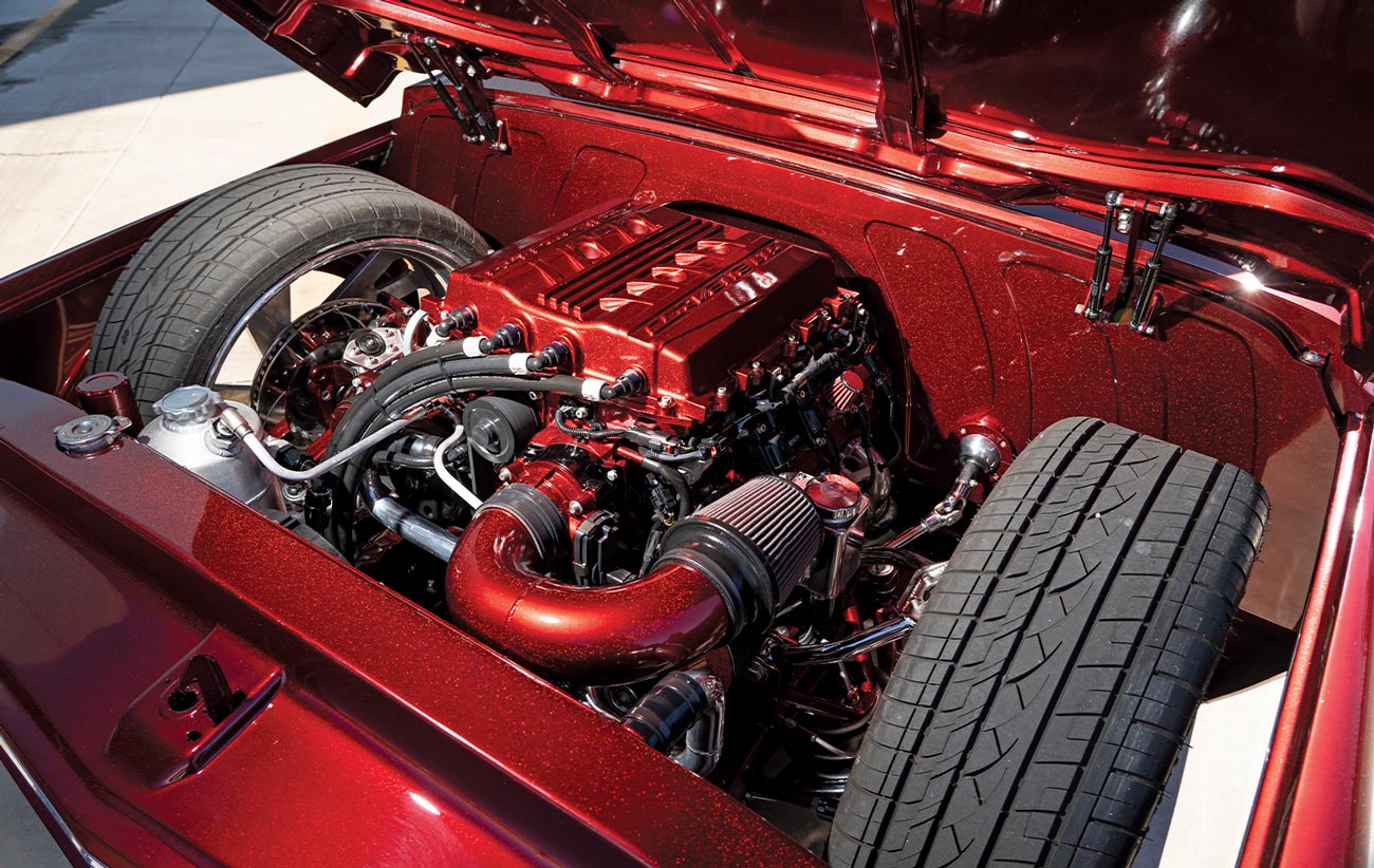 a look at the engine under the lifted hood of the ’68 Chevy C10