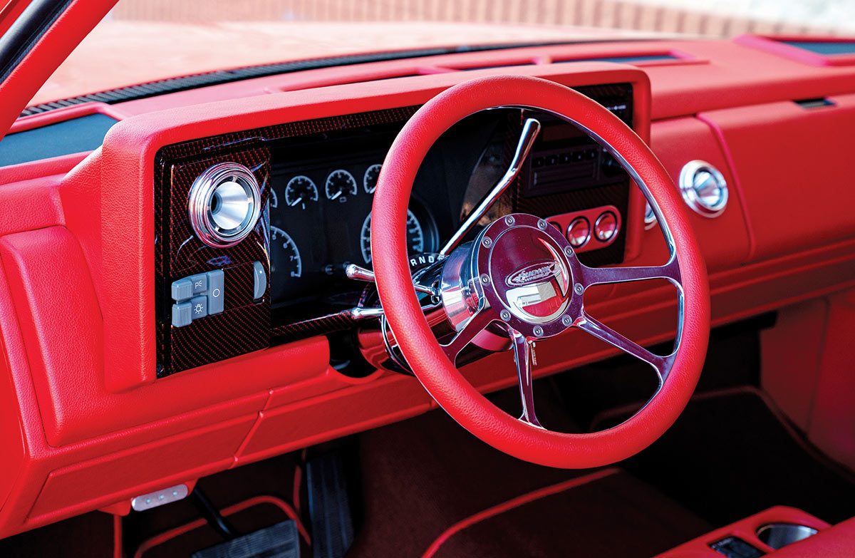 Chevy's custom red dash, gauges and steering wheel