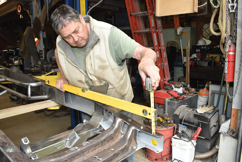 Prior to notching the frame for steering rack clearance, the “droop” of the front framerails was measured and recorded.