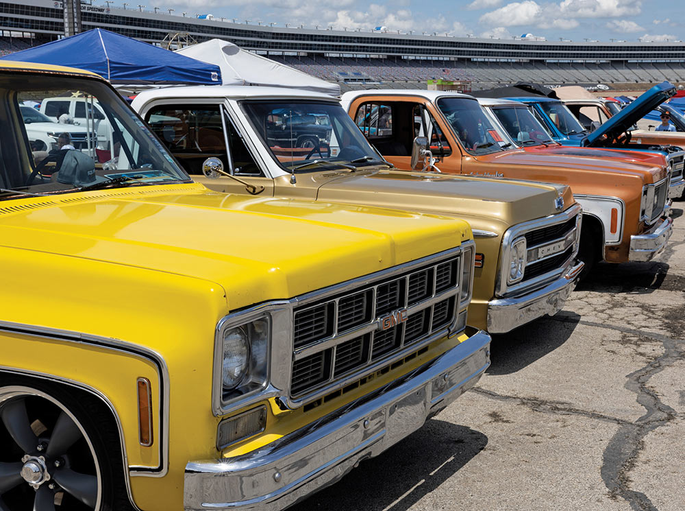 Line of trucks on display at the 2023 C10 Nationals