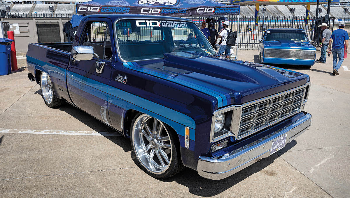 Blue Pro-Touring style Sierra Classic with cowl hood
