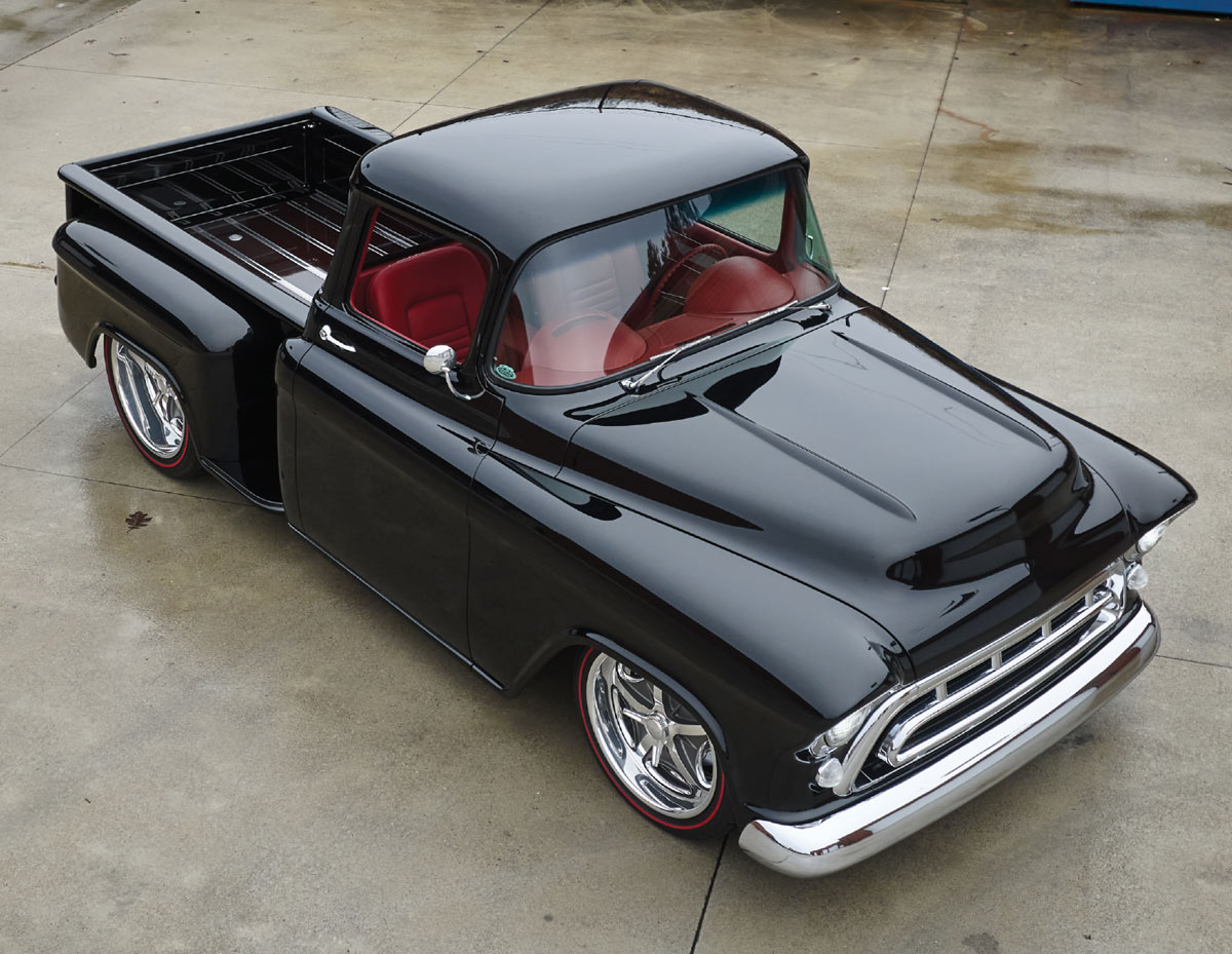aerial view of a black '57 Chevy