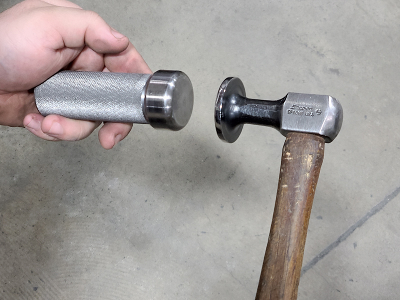 Gerringer fab’d the steel tool in his left hand on the lathe (adding some knurling, too) that holds one of the planishing hammer dies so he can precisely hand planish some of the areas