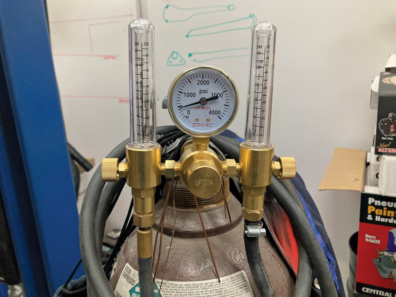 To prevent this issue, we need to introduce a noble gas inside the section of tubing to be welded to purge the oxygen from said area. This is usually accomplished by using a dual-output flow regulator on an Argon bottle with one output going to the TIG welder as standard and the other attached to a hose that can be inserted into the material to be welded.