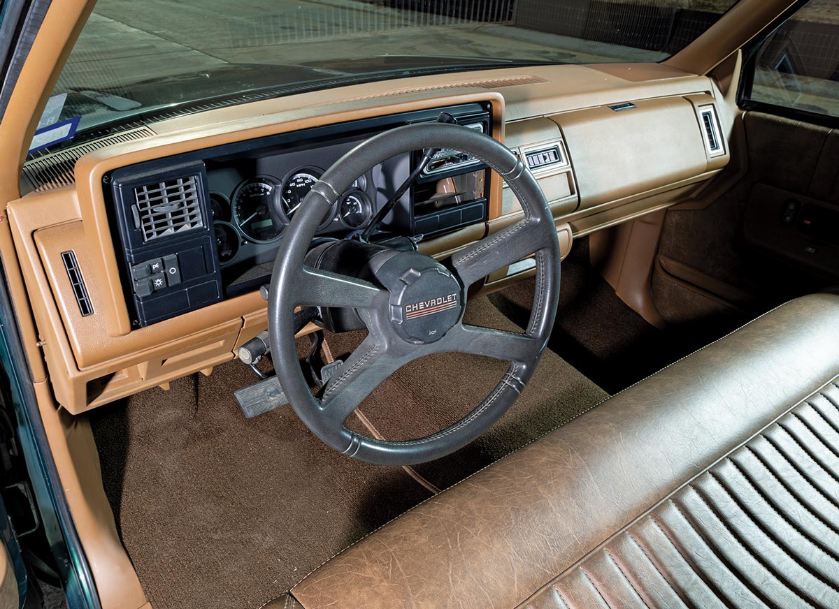 view from the open driver door of the ’88 Chevy OBS steering and dashboard