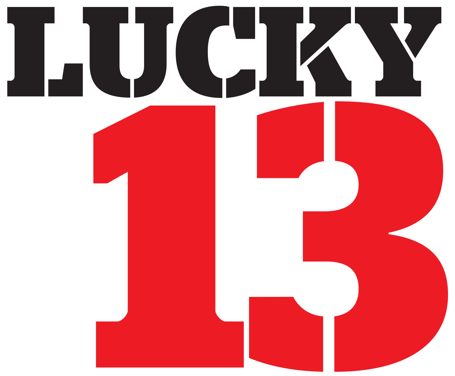 "Lucky 13" typographic title (word Lucky is in black and number 13 is in red)