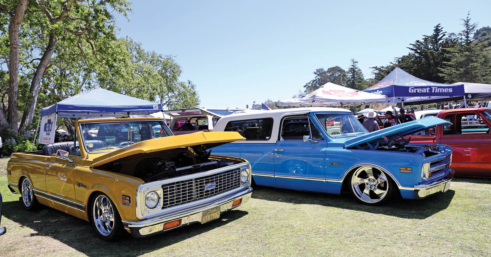 yellow, blue, and red C10 trucks