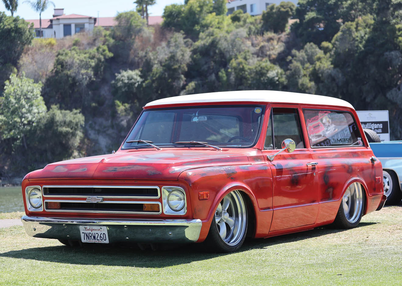 lowered red C10 truck