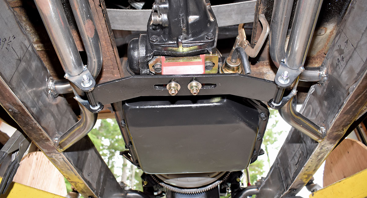 With the 350/350 combo located, the Progressive Automotive transmission mount was put in place and tack welded for now.