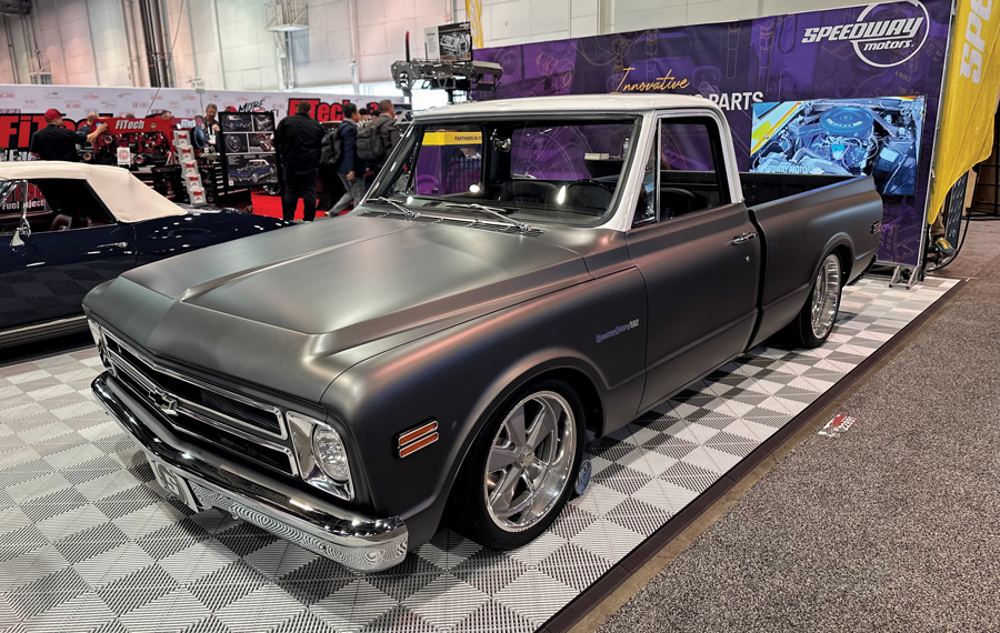 Black pickup truck with blue interior