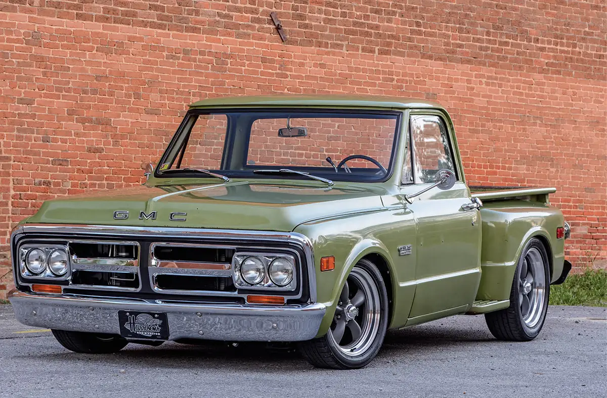 view of the front of a green ’71 GMC Stepside