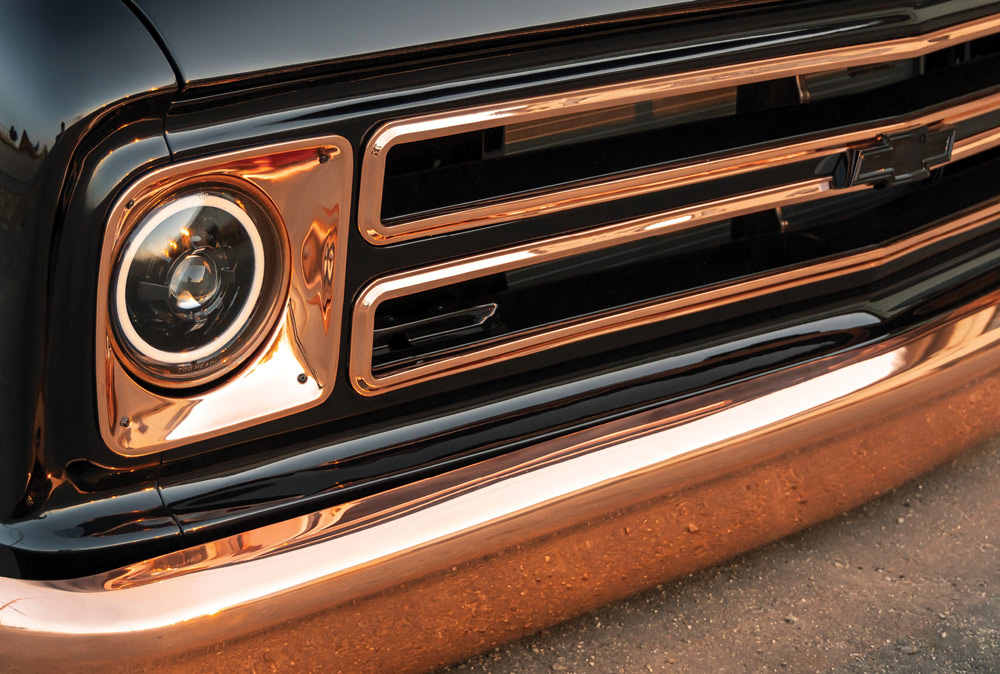 close up of headlight and grill on a ’67 C10
