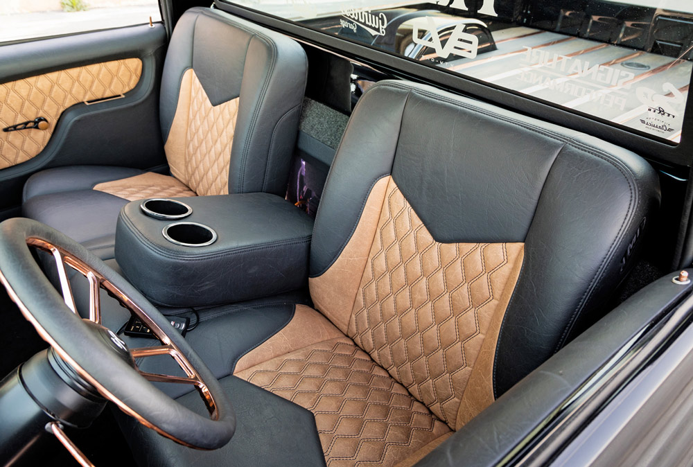 leather interior and steering wheel in a ’67 C10