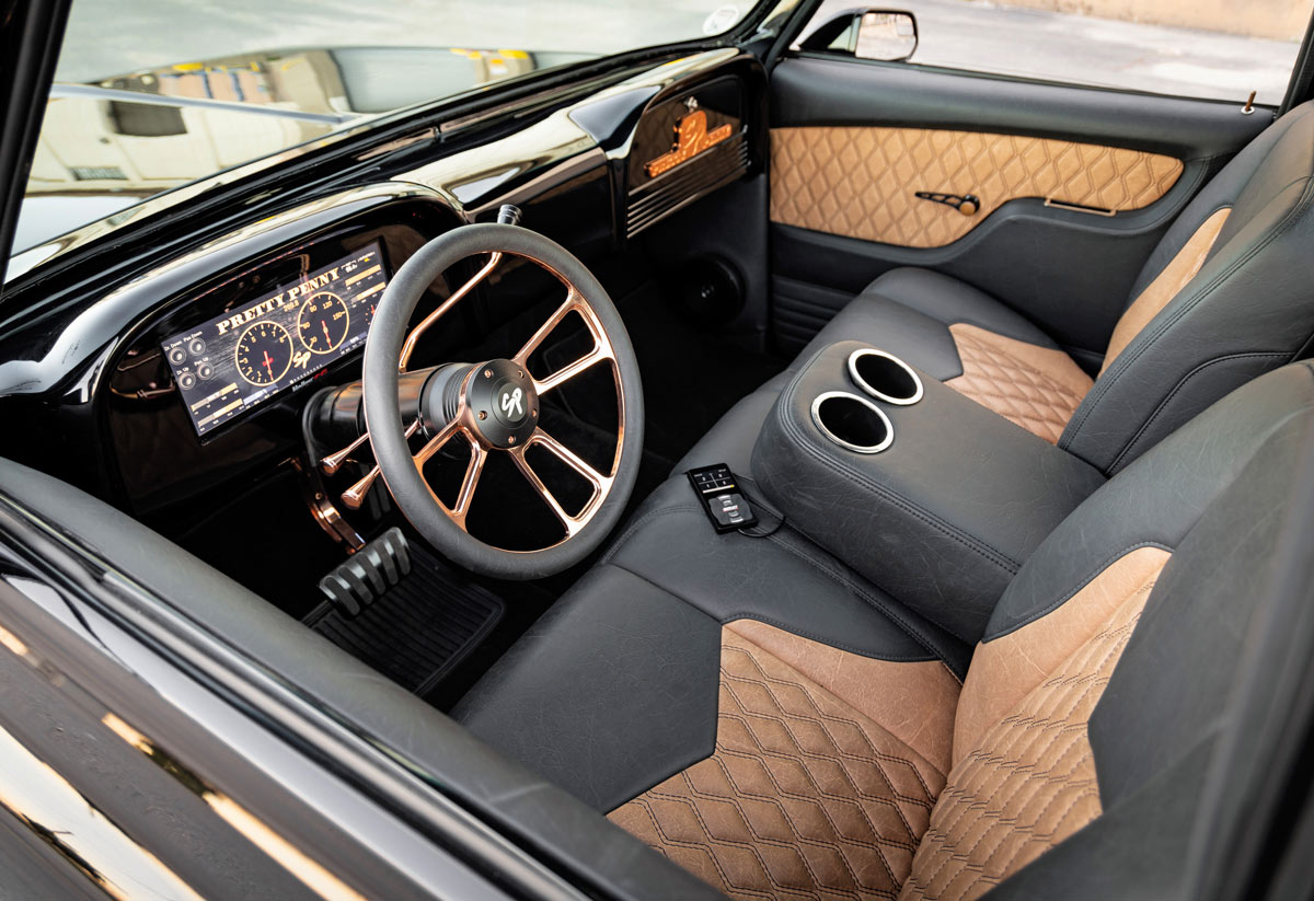 leather interior and steering wheel in a ’67 C10
