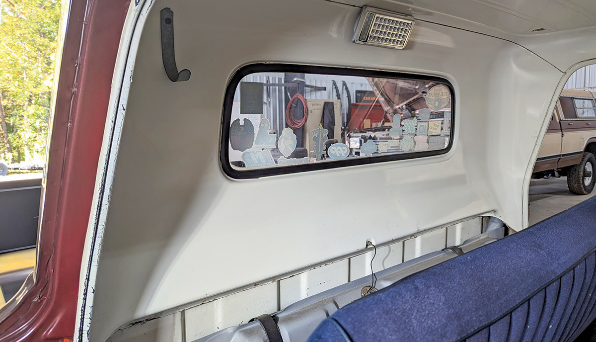 Inside view of the rear window of a '66 Chevy C10 truck