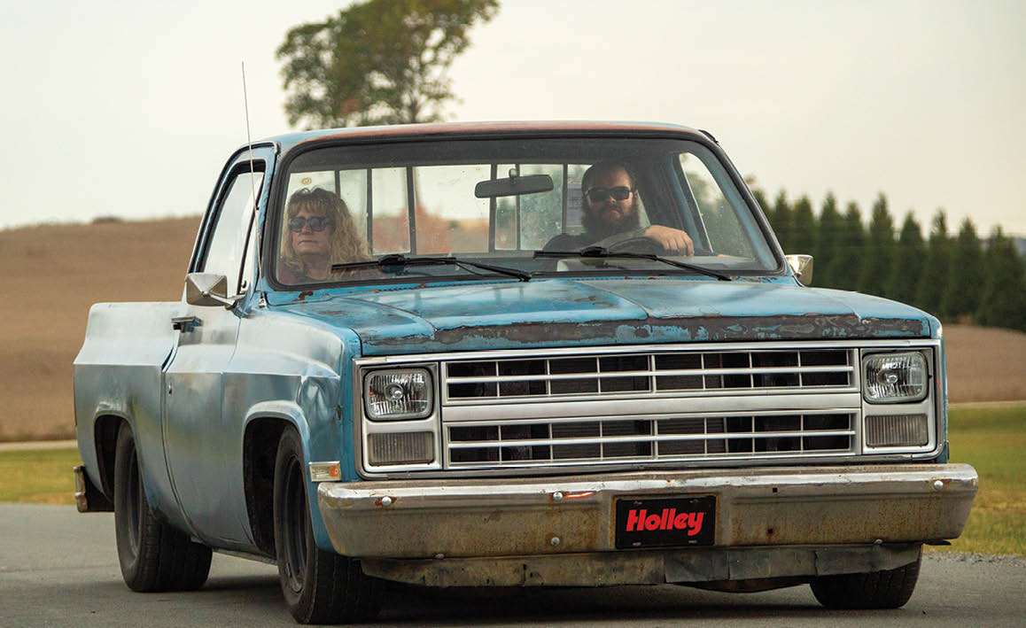 front of a blue C10 truck