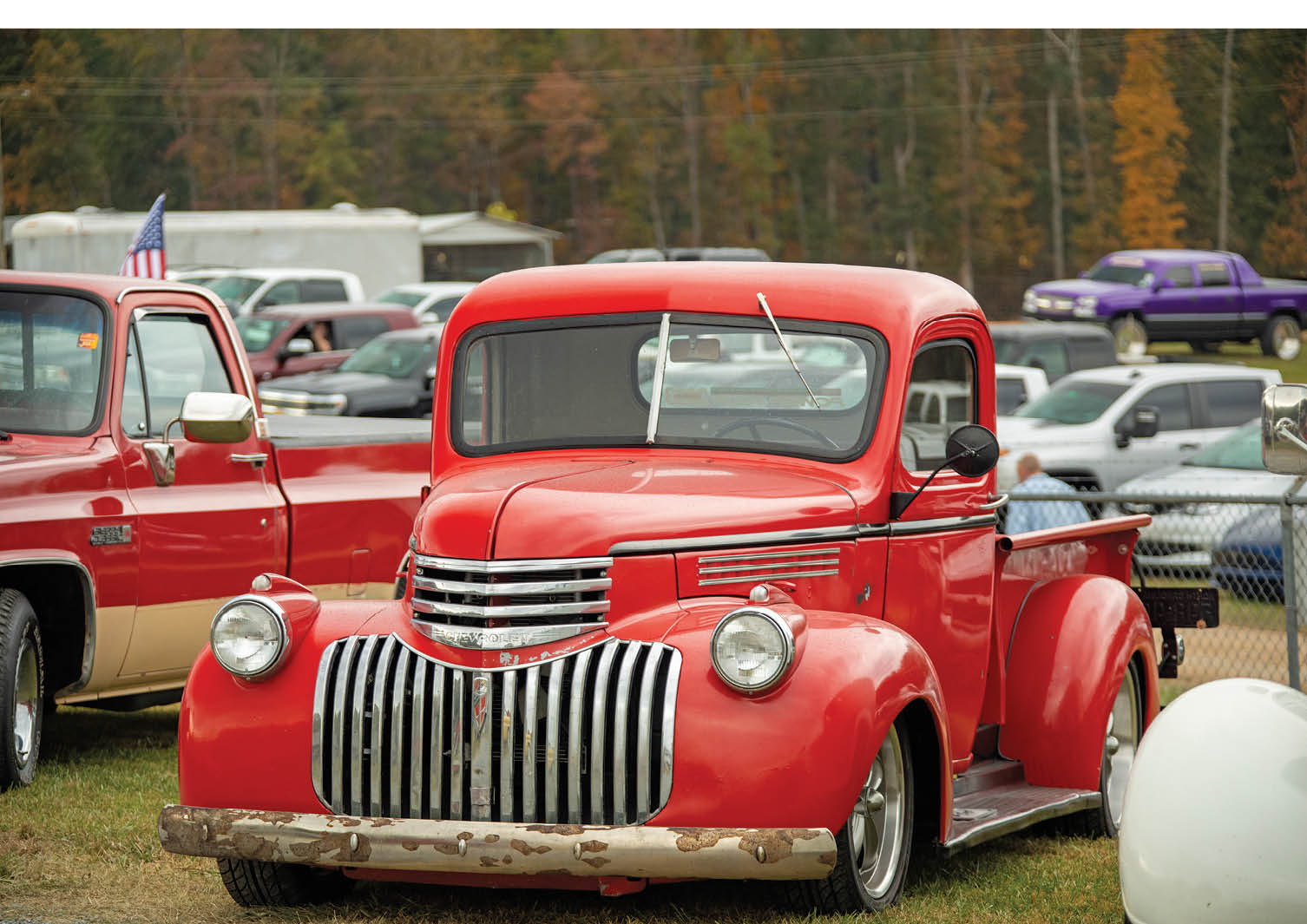 front of a red truck