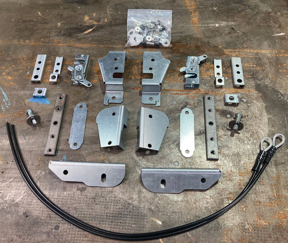 parts laid out from LMC Truck’s Universal Tailgate Latch Kit