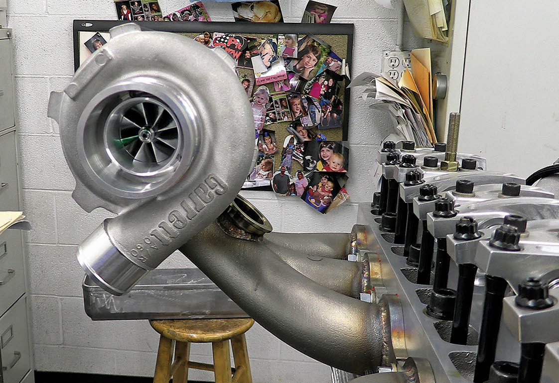 Two Garrett Gen II GTX turbos will convert the exhaust into pressurized air. These small turbos have ceramic ball bearings and a super-efficient compressor wheel. They are mounted on custom stainless steel exhaust manifold castings.