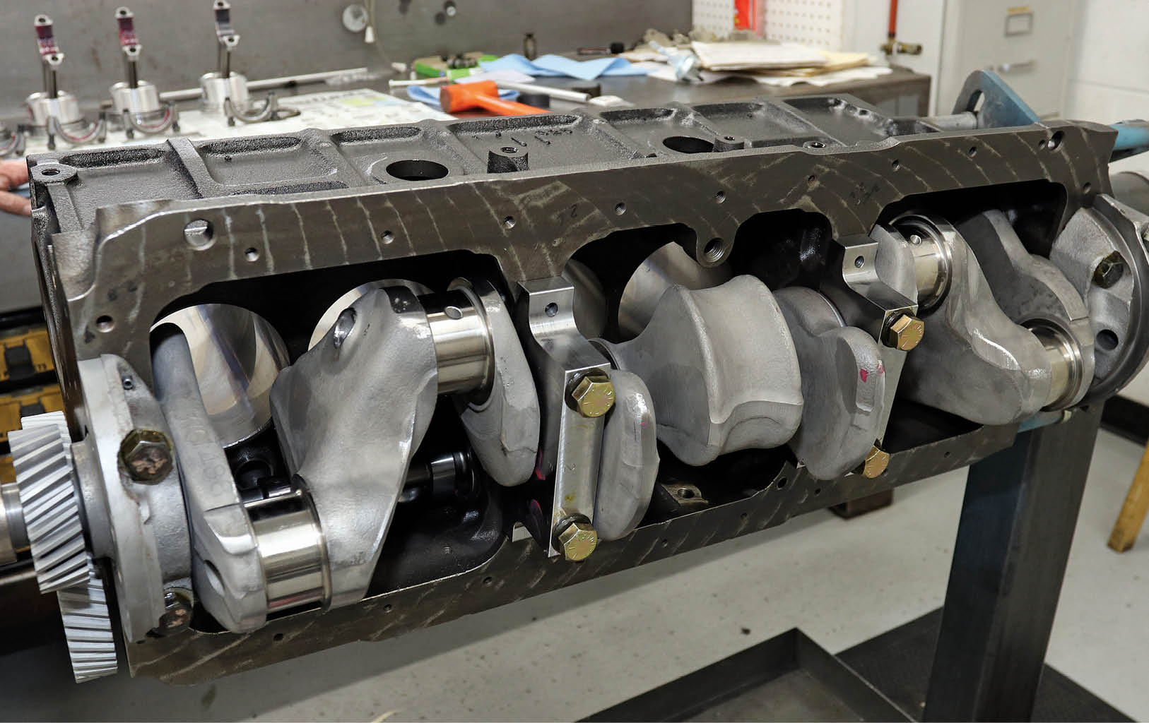To make the most of the measly four main caps securing the crankshaft to the block, the center two are new billet units. Dorton kept the stock outer main caps because “they are already huge.”