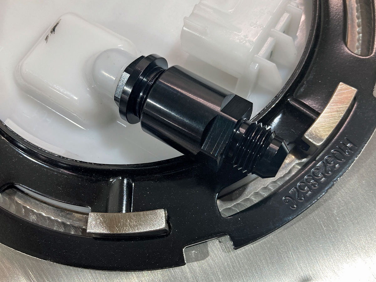 Rick’s uses a fifth-gen Camaro SS pump module that is set up for returnless operation, saving you the hassle of running a return line to the tank. They modify the module with a 60-psi regulator and install a -6AN fitting adapter on the outlet.