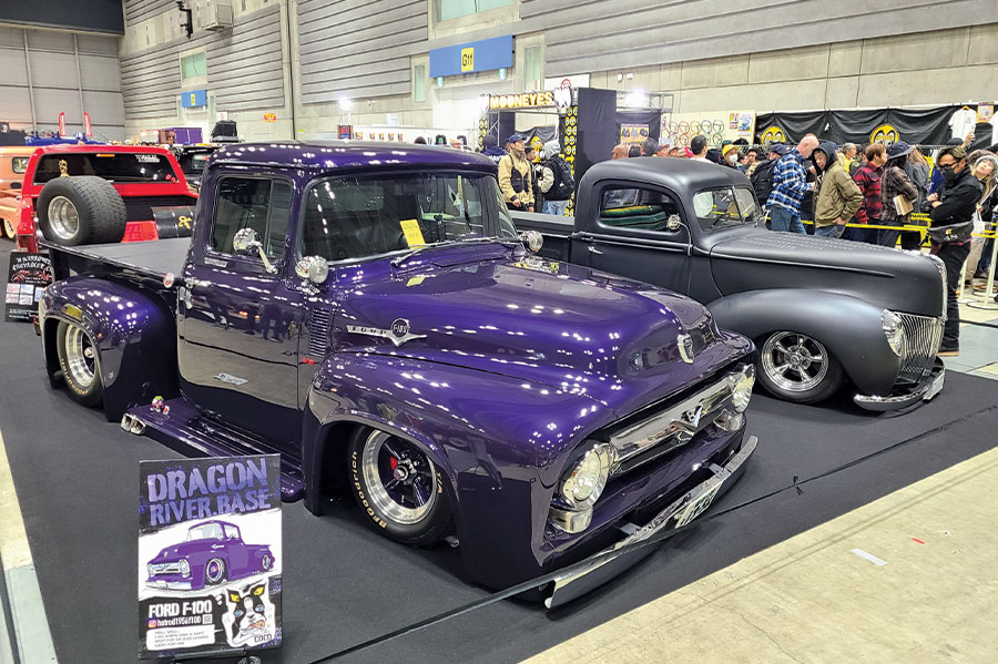 3/4 view of a purple truck at the Mooneyes 31st Annual Yokohama Hot Rod Custom Show