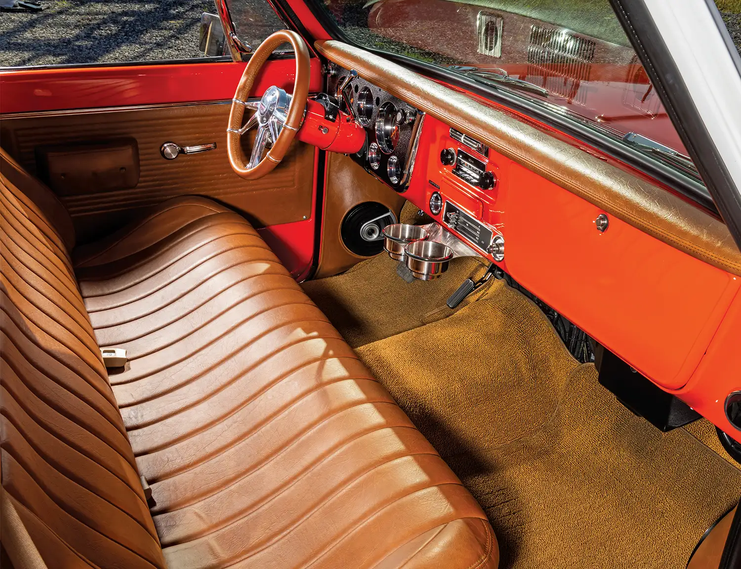 steering wheel, seating, and dash in a ’71 GMC