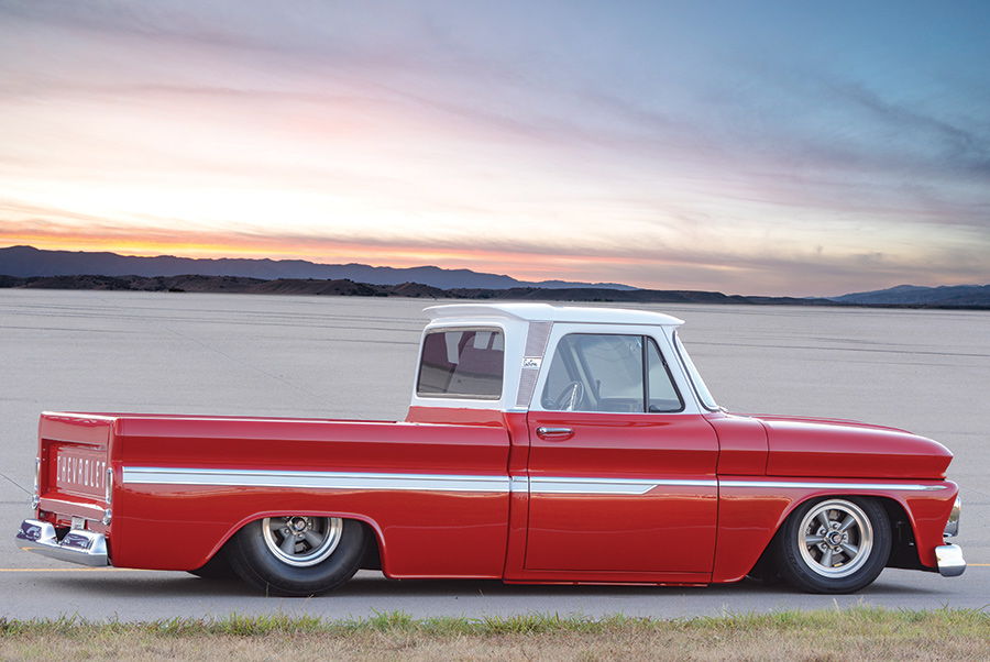 red and white '66 Chevy C10 side view