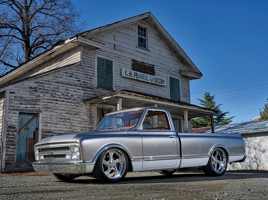 3/4 view of a silver '68 Chevy C10