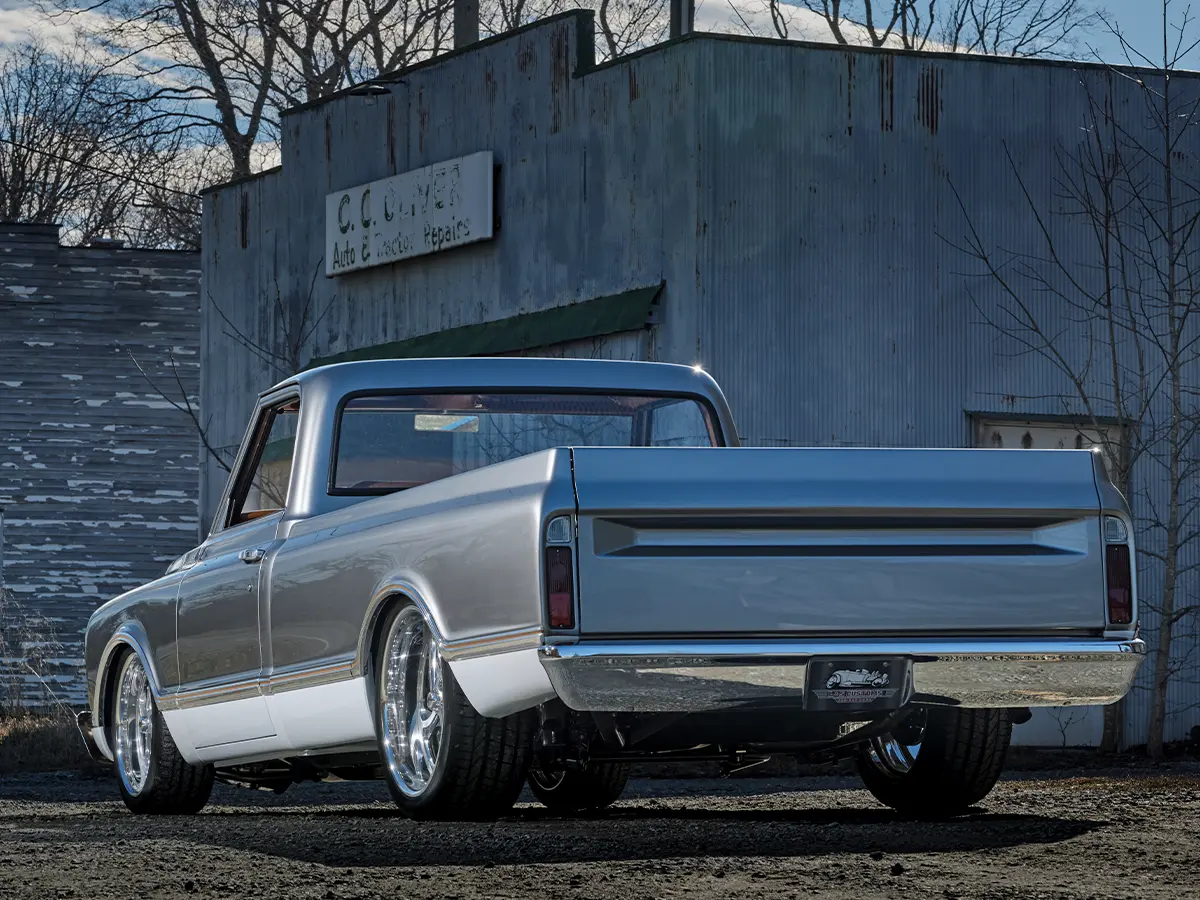 rear quarter view of the Atomic Silver ’68 Chevy C10