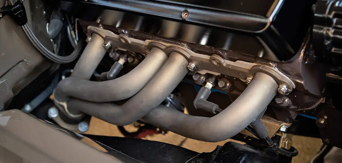The headers are protected with ZyBar, too. Not only does this provide a great-looking finish that can tolerate intense heat, it helps reduce the heat transmission to the engine compartment, and it actually increases power and fuel economy because it allows exhaust gases to flow more efficiently.