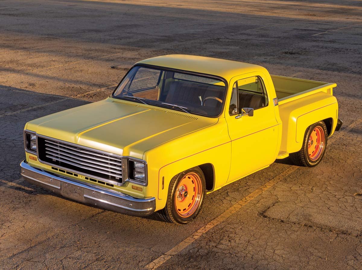 aerial view of yellow ’74 Stepside Squarebody pickup truck