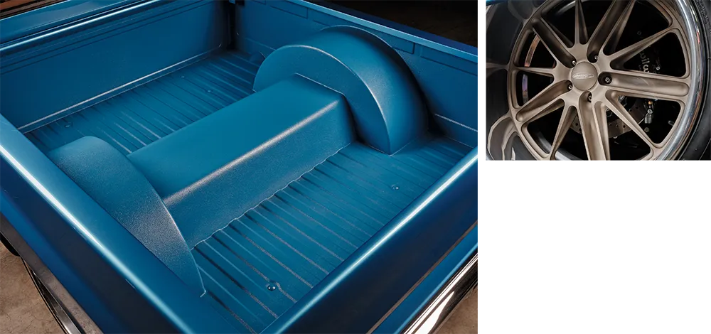 truck bed of a ’83 Chevy C10; close up of tire and rim