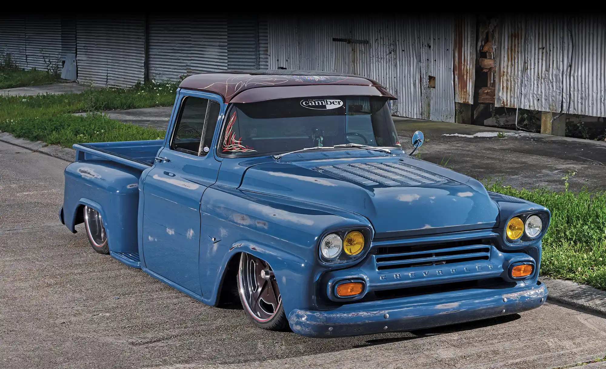 3/4 view of a blue '59 Chevy Apache