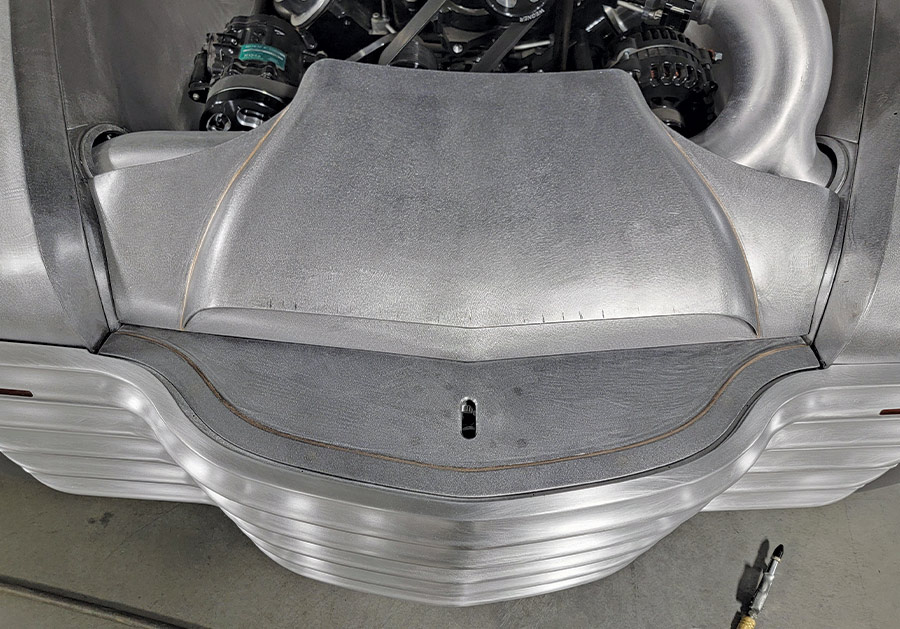 overview of the hood of a '51 Chevy