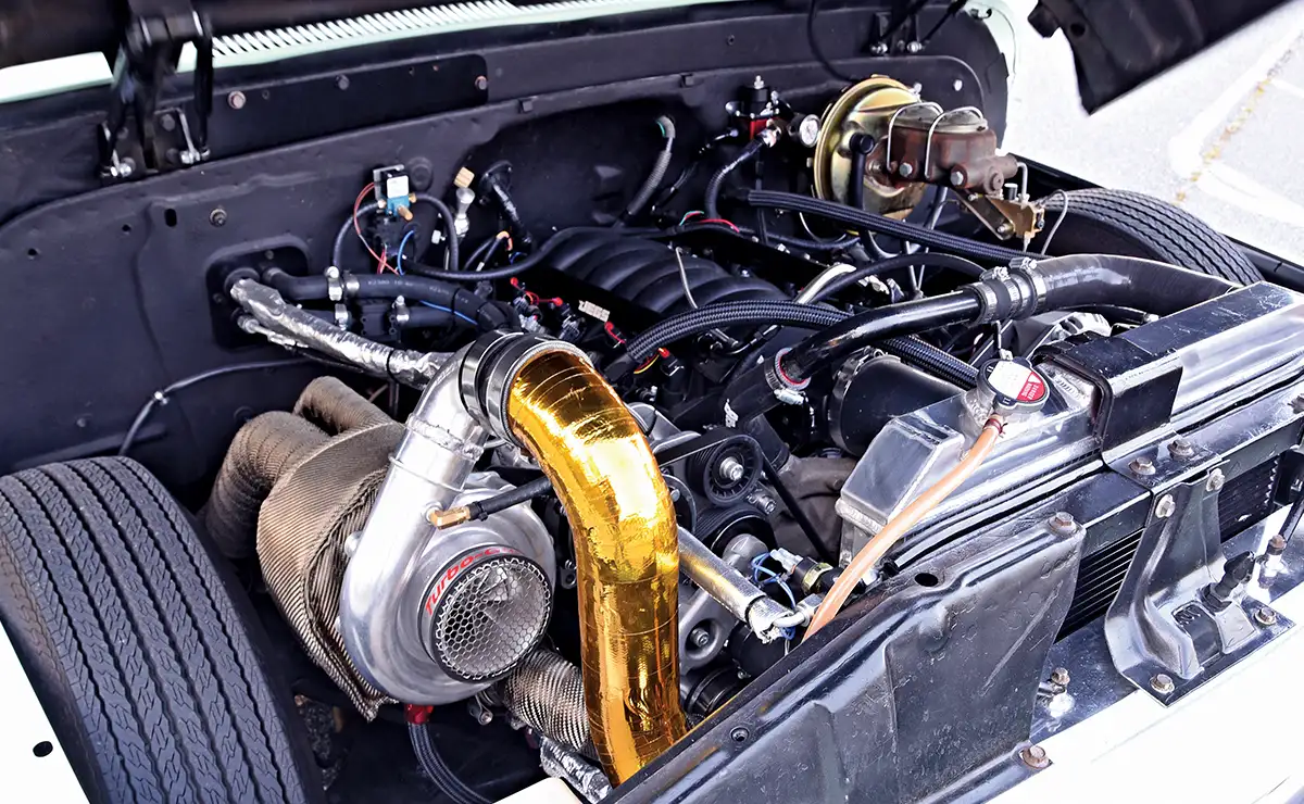 angled view of the 1965 C10 truck engine bay