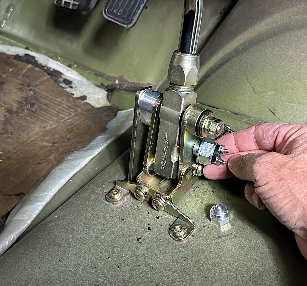 Steering column assembly being tightened in a 1967-1972 Chevrolet C10