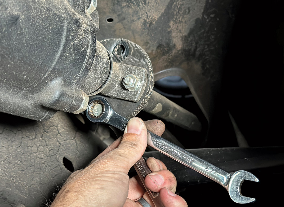 Rear differential yoke being torqued in a 1967-1972 Chevrolet C10