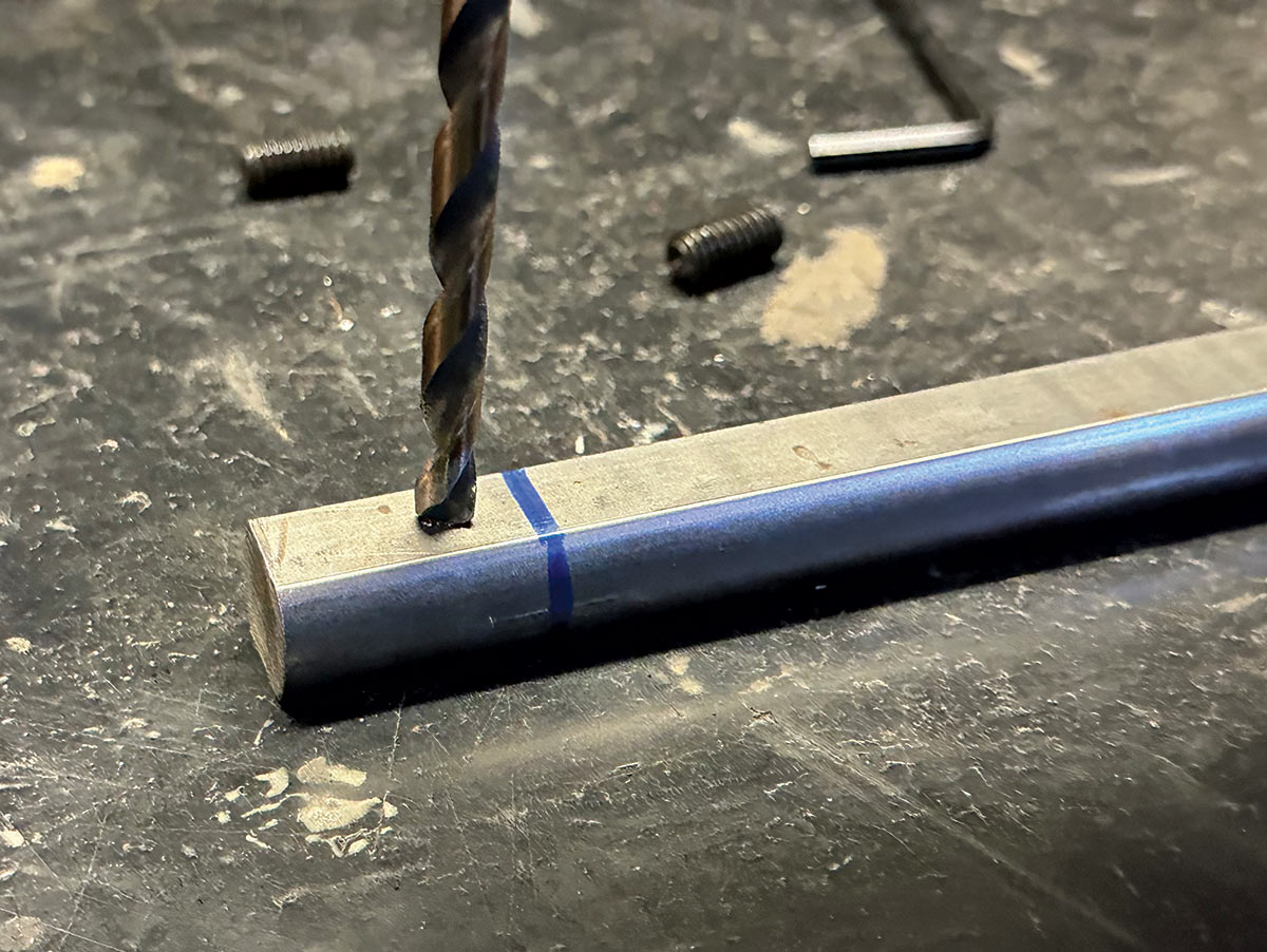 Drilling through a steering shaft for U-joint installation in a 1967-1972 Chevrolet C10