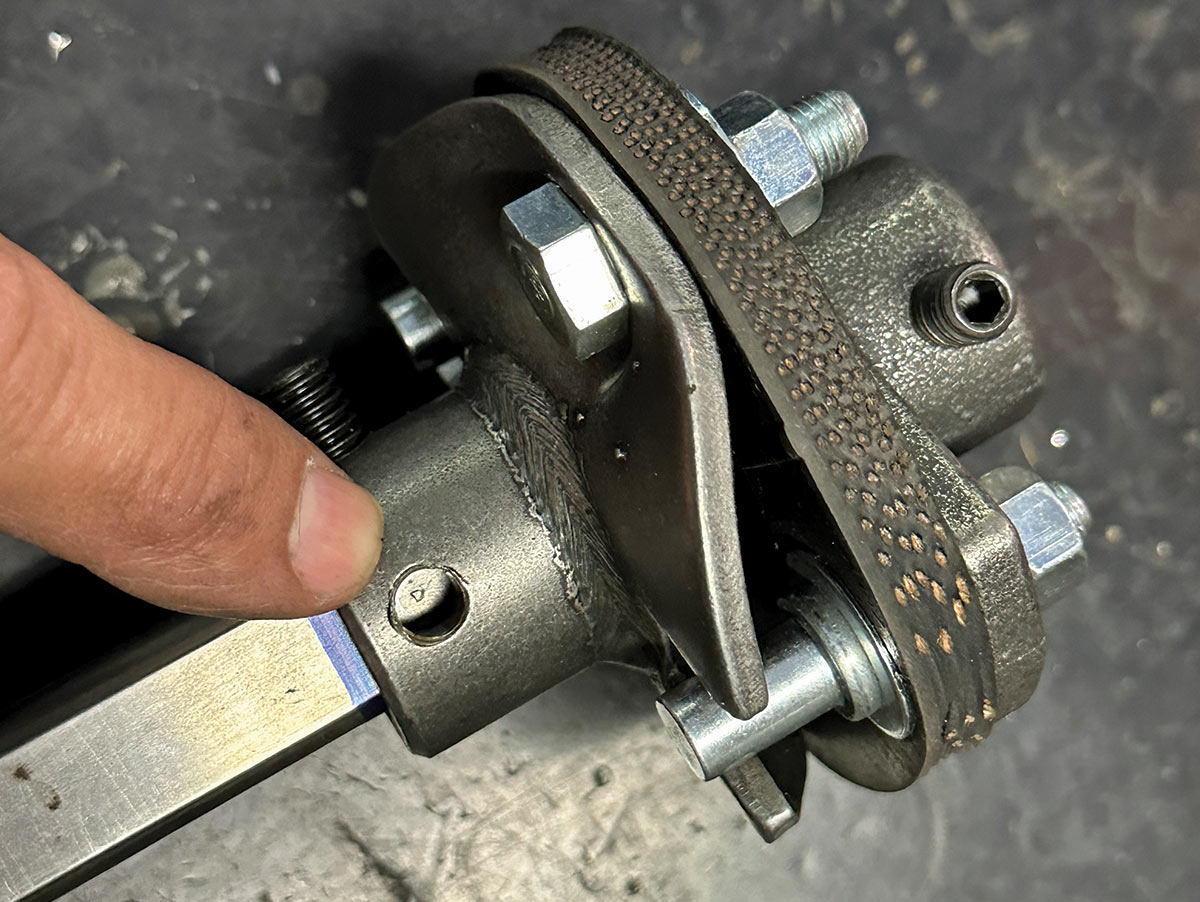 Drilling through a steering shaft for U-joint installation in a 1967-1972 Chevrolet C10