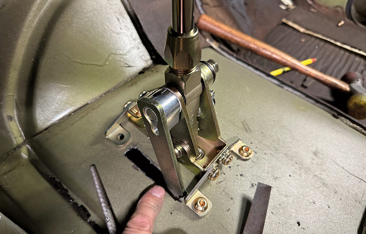 Completed Lokar shifter installation in the truck's floor